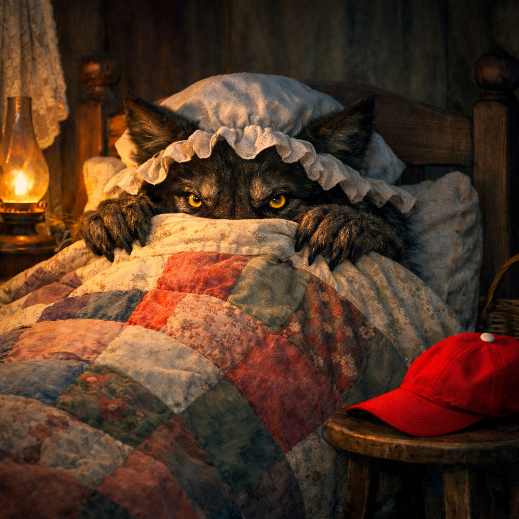red hat wolf in grandmas bed